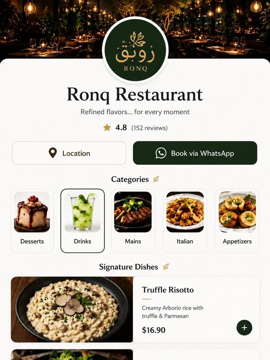 Published digital QR menu on a phone — clear sections, photos and prices