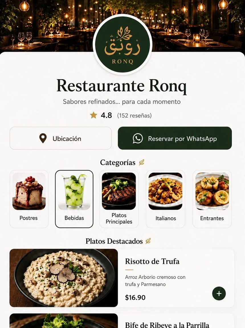 Menú digital QR publicado en el móvil — secciones claras, fotos y precios