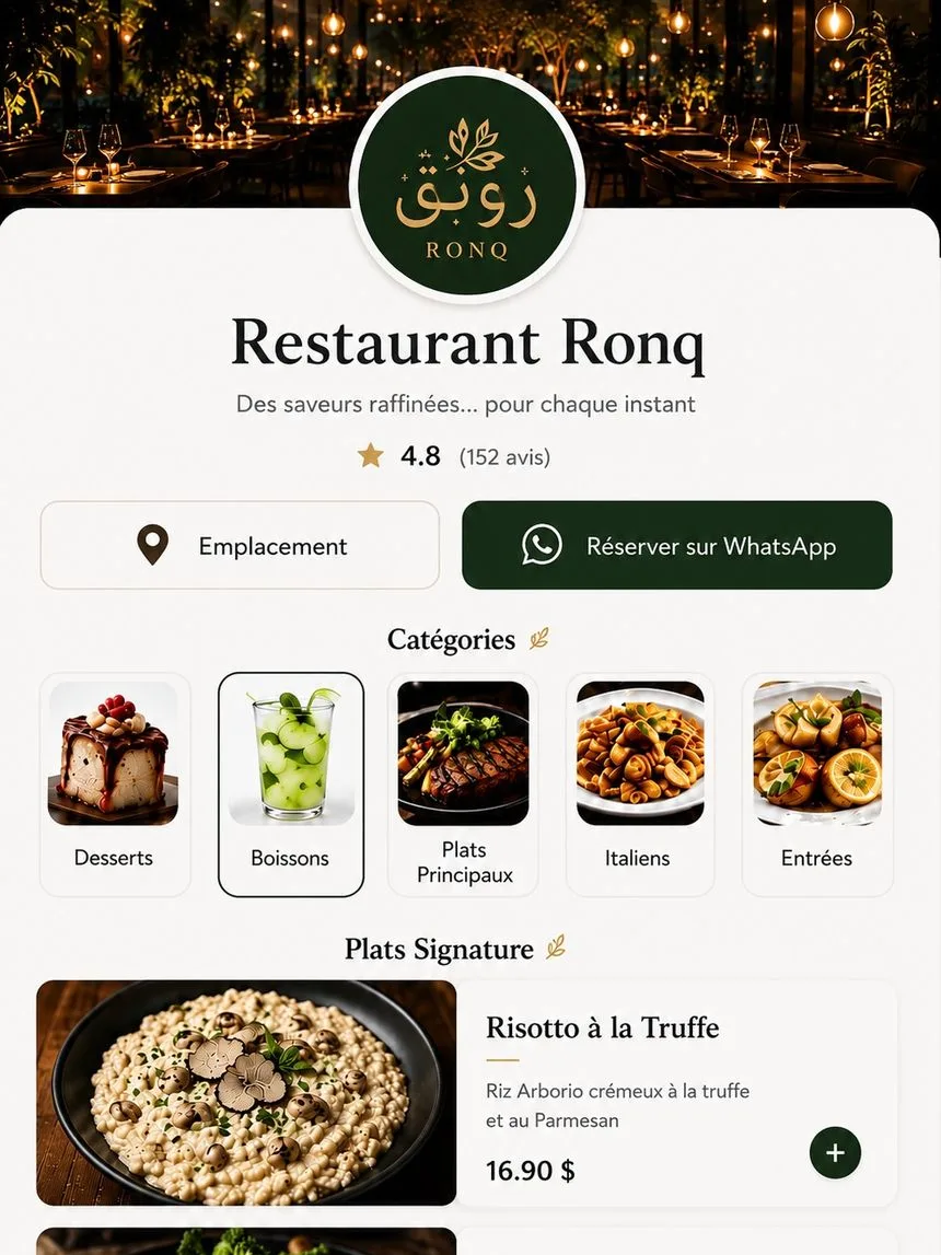 Menu digital QR publié sur mobile — sections claires, photos et prix